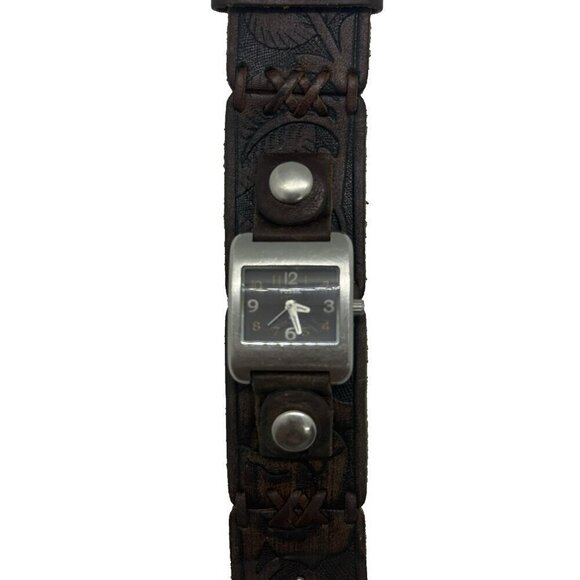 Y2K Fossil WB-1028 Silver Tone Brown Wide Leather Band Analog Women\'s Watch BOHO